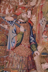 Flemish tapestry. Series Moralities: The virtue of the honours (De deugd van de Honores, La Virtud de los honores). Ca 1520. Detail