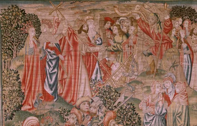 Tapiz flamenco. Serie Redención del Hombre o Vicios y Virtudes. Resurrección de Cristo (Resurrección de Cristo). Octavo tapiz de la serie (primero de los conservados en Burgos). Fabricación Bruselas. Ca 1510. Tejido Seda y lana, 7 urdimbres por cm.