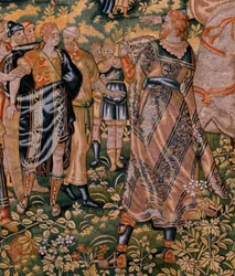 Tapiz flamenco. Serie Historia de Ciro. No II Astiages reconoce a Ciro (Ciro reconocido por Astiages). Anónimo, basado en Michiel Coxcie. Taller Amberes. Seda y lana. hacia 1590.