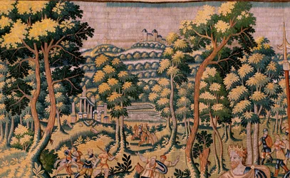 Tapiz flamenco. Serie Historia de Ciro. No II Astiages reconoce a Ciro (Ciro reconocido por Astiages). Anónimo, basado en Michiel Coxcie. Taller Amberes. Seda y lana. hacia 1590.