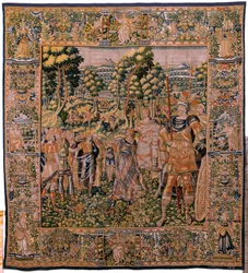 Tapiz flamenco. Serie Historia de Ciro. No II Astiages reconoce a Ciro (Ciro reconocido por Astiages). Anónimo, basado en Michiel Coxcie. Taller Amberes. Seda y lana. hacia 1590.