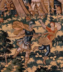 Tapiz flamenco. Serie Historia de Ciro. No V Combate entre dos guerreros y la muerte de Ciro (Combate de dos guerreros y muerte de Ciro). Anónimo, basado en Michiel Coxcie. Taller Amberes. Seda y lana. hacia 1590.