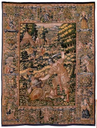 Tapiz flamenco. Serie Historia de Ciro. No V Combate entre dos guerreros y la muerte de Ciro (Combate de dos guerreros y muerte de Ciro). Anónimo, basado en Michiel Coxcie. Taller Amberes. Seda y lana. hacia 1590.