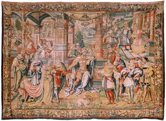 Tapiz flamenco. Serie Historia de David. David antes de Saúl (David ante Saúl). Modelo de Bernard van Orley. Fabricación Bruselas. Ca1525. Tela Seda y lana. Tamaño 560 x 410 cm. Ubicación Catedral de Burgos. Origen Un legado a la catedral en 1535 por Card