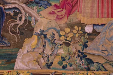 Tapiz flamenco. Serie El Apocalipsis: San Miguel derrotando al dragón. Atelier Willem Dermoyen, Bruselas. Ca 1553-1555. Detalle.