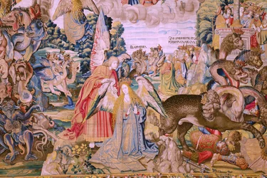 Tapiz flamenco. Serie El Apocalipsis: San Miguel derrotando al dragón. Atelier Willem Dermoyen, Bruselas. Ca 1553-1555. Detalle.