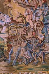 Tapiz flamenco. Serie El Apocalipsis: San Miguel derrotando al dragón. Atelier Willem Dermoyen, Bruselas. Ca 1553-1555. Detalle.