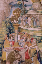 Tapiz flamenco. Serie El Apocalipsis: San Miguel derrotando al dragón. Atelier Willem Dermoyen, Bruselas. Ca 1553-1555. Detalle.