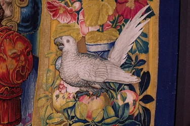 Tapiz flamenco. Serie El Apocalipsis: San Miguel derrotando al dragón. Atelier Willem Dermoyen, Bruselas. Ca 1553-1555. Detalle.