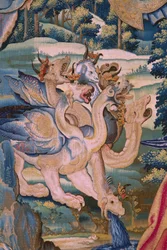 Tapiz flamenco. Serie El Apocalipsis: San Miguel derrotando al dragón. Atelier Willem Dermoyen, Bruselas. Ca 1553-1555. Detalle.