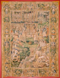 Tapiz flamenco. Serie El Libro de Judit. Judith muestra la cabeza de Holofernes (Judith muestra la cabeza de Holofernes). Noveno tapiz de la serie. Fabricación Holanda, Bruselas(?). Segunda mitad del siglo XVI. Lana de tela. Ubicación Iglesia de San