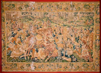 Tapiz flamenco. Serie El Libro de Judit. Escena de guerra (Escena bélica). Tercer tapiz de la serie. Manufactura Países Bajos, Bruselas? Segunda mitad del siglo XVI. Lana de tela. Ubicación Iglesia de San Nicolás de Bari (museo inaugurado en 2009). Origen