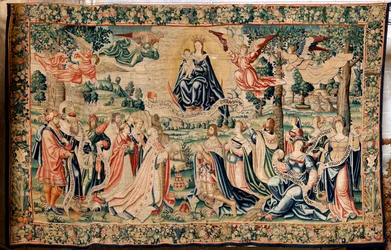 Tapiz flamenco. Serie El Granizo. Salve Regina. Fabricación en los talleres de Bruselas, una posible fabricación de Marc Crétif. Ca 1528. Medidas 412 x 652 cm. Tela Seda y lana. Ubicación Catedral de Palencia. Origen Un legado del obispo Fonseca en 1529. E