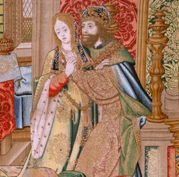 Tapiz flamenco. Serie La Historia de David y Betsabé. Matrimonio de David y Betsabé (Casamiento de David y Betsabé). Segundo panel de la serie. Modelo Anónimo. Fabricación Desconocida, Bruselas. 1505. Tejido Oro, seda y lana.