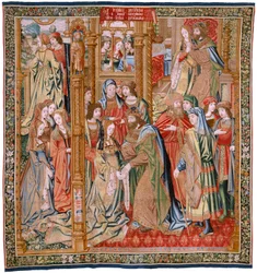 Tapiz flamenco. Serie La Historia de David y Betsabé. Matrimonio de David y Betsabé (Casamiento de David y Betsabé). Segundo panel de la serie. Modelo Anónimo. Fabricación Desconocida, Bruselas. 1505. Tejido Oro, seda y lana.