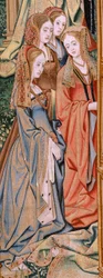 Tapiz flamenco. Serie La Historia de David y Betsabé. Matrimonio de David y Betsabé (Casamiento de David y Betsabé). Segundo panel de la serie. Modelo Anónimo. Fabricación Desconocida, Bruselas. 1505. Tejido Oro, seda y lana.