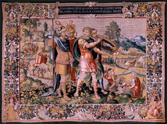 Tapiz flamenco. Serie La Historia de Aníbal. El cruce de los Alpes (Paso de los Alpes). Segundo tapiz de los conservados. Modelos Maestro anónimo de los Países Bajos. Fabricación de Bruselas, taller. Ca 1570. Tejido Lana y seda, 6,5/7 urdimbres por