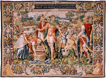 Tapiz flamenco. Serie La Historia de Aníbal. El saqueo de Cannas (El botín de Cannas). Cuarto tapiz de los conservados. Modelos Maestro anónimo de los Países Bajos. Fabricación Talleres de Bruselas. Ca 1570. Tejido Lana y seda, 6,5/7 urdimbres por cm