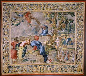 Tapiz flamenco. Serie La Historia de Moisés. Moisés en el monte Sinaí. Taller Joost van Herzele. 1550 aprox.