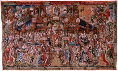 Tapiz flamenco. Serie Los Honores. Virtud (La Virtu, El Vicio). Octavo tapiz de la serie. Dibujantes modelo del círculo de Bernard van Orley y Jan Gossaert (Mabuse). Fabricación Pieter van Aelst, Bruselas. Ca 1550. Tela Oro, plata, seda un