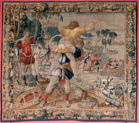 Tapiz flamenco. Serie Los Trabajos de Hércules. Hércules y Anteo (Hércules y Anteo). Cuarto tapiz de la serie existente. ; Modelo desconocido. Fabricación Willem Dermoyen, Bruselas. Ca 1528. Tejido Seda y lana. Tamaño 362 x 403 cm. Ubicación Palacio Real