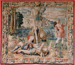 Flemish tapestry. Series The Labours of Hercules. Hercules battling the Minotaur (Hércules luchando con el Minotauro). Hércules luchando con el Minotauro). Second tapestry in the extant series. Model Unknown. Manufacture Willem Dermoyen, Brussels. Ca 1528.