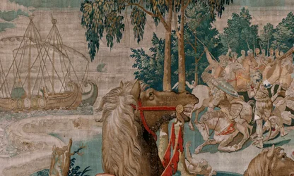 Tapiz flamenco. Serie Los Trabajos de Hércules. Los caballos de Diomedes (Los caballos de Diomedes). Tercer tapiz de la serie existente. Modelo desconocido. Fabricación Willem Dermoyen, Bruselas. Ca1528. Tela Seda y lana. Tamaño 350 x 400 cm. Ubicación rea