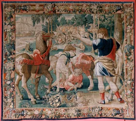 Tapiz flamenco. Serie Los Trabajos de Hércules. Los caballos de Diomedes (Los caballos de Diomedes). Tercer tapiz de la serie existente. Modelo desconocido. Fabricación Willem Dermoyen, Bruselas. Ca1528. Tela Seda y lana. Tamaño 350 x 400 cm. Ubicación rea