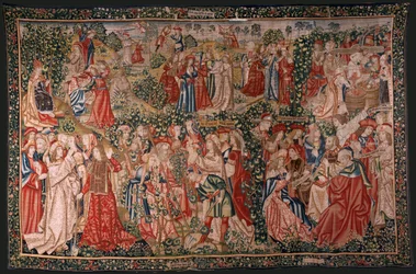 Tapiz flamenco. Serie La Parábola de los Obreros de la Viña. La llamada a los trabajadores (La llamada a los trabajadores). Primer tapiz de la serie. Manufactura Bruselas, talleres de Pieter van Aelst(?). Ca 1500. Tejido Seda y lana, 6 urdimbres pe