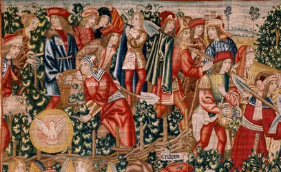Tapiz flamenco. Serie La Parábola de los Obreros de la Viña. El pago del denario (El pago del denario). Segundo tapiz de la serie. Manufactura Bruselas, talleres de Pieter van Aelst (?). Ca 1500. Tejido Seda y lana, 6 urdimbres por cm.