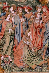 Tapiz flamenco. Serie La Pasión de Cristo. El Descendimiento de la Cruz (Descendimiento). Segunda serie de tapices de la Pasión de Cristo pertenecientes al Patrimonio Nacional. Dibujantes modelo del círculo de Jan van Roome. Manufactura Pieter va
