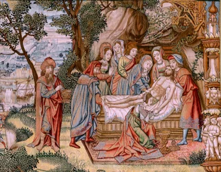 Tapiz flamenco. Serie La Pasión de Cristo. El Descendimiento de la Cruz (Descendimiento). Segunda serie de tapices de la Pasión de Cristo pertenecientes al Patrimonio Nacional. Dibujantes modelo del círculo de Jan van Roome. Manufactura Pieter va