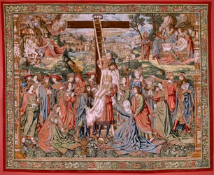 Tapiz flamenco. Serie La Pasión de Cristo. El Descendimiento de la Cruz (Descendimiento). Segunda serie de tapices de la Pasión de Cristo pertenecientes al Patrimonio Nacional. Dibujantes modelo del círculo de Jan van Roome. Manufactura Pieter va