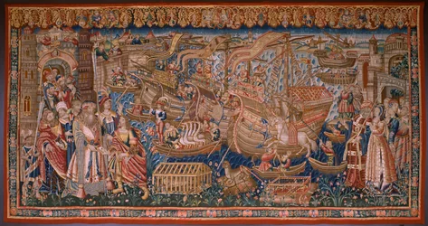 Tapiz flamenco. Serie Los portugueses en la india: La llegada a Calicut (De Aankomst in Calicut, Llegado de Vasco de Gama a Lisboa). Ca 1510. Colección Caixa Geral de Depósitos, Lisboa.