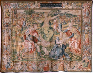 Tapiz flamenco. Serie Las Siete Virtudes. Justicia (La Justicia). Modelo basado en Michiel Coxcie. Fabricación Bruselas. Fabricación por Frans Geubels. Ca 1560-1570. Tela Seda y lana. Tamaño 330 x 450 cm. Ubicación Catedral de Burgos. Origen Un legado a t