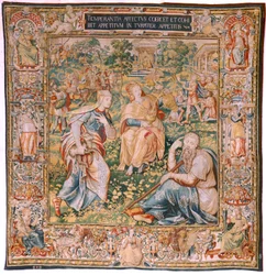 Tapiz flamenco. Serie Las Siete Virtudes. Templanza (La Templanza). Modelo basado en Michiel Coxcie. Fabricación Bruselas. Fabricación por Frans Geubels. Ca1560-1570. Tela Seda y lana. Tamaño 330 x 320 cm. Ubicación Catedral de Burgos. Origen Un legado t