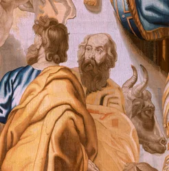 Tapiz flamenco. Serie El Triunfo de la Eucaristía. Los cuatro evangelistas (Los cuatro evangelistas). Undécimo tapiz de la serie. Modelo Peter Paul Rubens. 1626-1628. Manufactura Jan II Raes, Hans Vervoert, Jacques Fobert, Bruselas