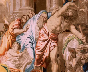Tapiz flamenco. Serie El Triunfo de la Eucaristía. Victoria de la Eucaristía sobre los sacrificios paganos (Victoria de la Eucaristía sobre los sacrificios paganos). Cuarto tapiz de la serie. Modelo Peter Paul Rubens. 1626-1628. Manufactura Jan II Raes, Ja