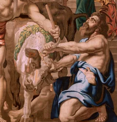 Tapiz flamenco. Serie El Triunfo de la Eucaristía. Victoria de la Eucaristía sobre los sacrificios paganos (Victoria de la Eucaristía sobre los sacrificios paganos). Cuarto tapiz de la serie. Modelo Peter Paul Rubens. 1626-1628. Manufactura Jan II Raes, Ja
