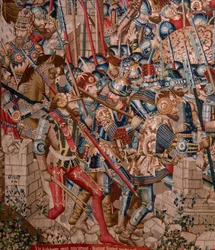 Tapiz flamenco. Serie La Guerra de Troya. La destrucción de Troya (Destrucción de Troya). Undécimo tapiz de la serie. Model Coëtivy Master (Henry o Conrard de Vulcop). Talleres de fabricación Tournai. Ca 1470. Tejido Lana y seda, 6/7 urdimbres por cm.