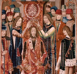 Tapiz flamenco. Serie desconocida. ¿Historia romana? Tarquinio Prisco. ¿Fabricación en talleres de Bruselas? Ca. 1475. Tejido de lana y seda, 6 hilos de urdimbre por cm. Procedencia: una donación del conde de Alba de Aliste; llegó a la catedral en 1608.