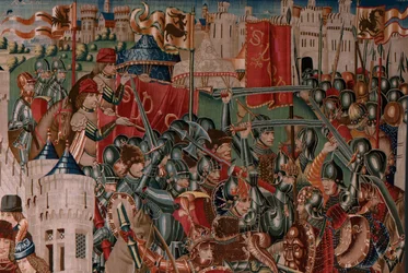 Tapiz flamenco. Serie Desconocida. historia romana? Tarquinius Prisco (Tarquino Prisco). ¿Fabricación en los talleres de Bruselas?. Ca 1475. Tejido Lana y seda, 6 urdimbres por cm. Origen Donación del Conde Alba de Aliste, llegó a la catedral en 1608. ; Lo