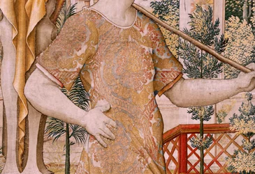 Tapiz flamenco. Serie Vertumnus y Pomona. No II Vertumnus transformado en agricultor (Vertumno y Pomona II Vertumno transformado en agricultor) no1 parte izquierda. Modelos Círculo de Pieter Coecke Van Aelst y Léonard Thiry. Atelier desconocido, Bruselas. 