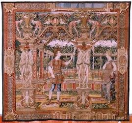 Tapiz flamenco. Serie Vertumnus y Pomona. No IV Vertumnus transformado en podador (Vertumno y Pomona IV (Vertumno transformado en podador). Modelos Círculo de Pieter Coecke Van Aelst y Léonard Thiry. Atelier unknown, Bruselas. Oro, seda y lana. B