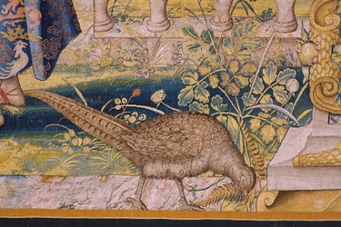 Tapiz flamenco. Serie Vertumnus y Pomona: Vertumnus transformado en granjero (Vertumnus como granjero, Vertumno transformado y agricultor). Estudio Willem de Pannemaker. hacia 1545-1550. Detalle.