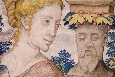 Tapiz flamenco. Serie Vertumnus y Pomona: Vertumnus transformado en granjero (Vertumnus como granjero, Vertumno transformado y agricultor). Estudio Willem de Pannemaker. hacia 1545-1550. Detalle.