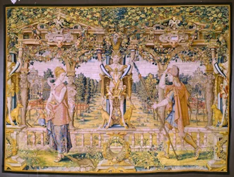 Tapiz flamenco. Serie Vertumnus y Pomona: Vertumnus transformado en granjero (Vertumnus como granjero, Vertumno transformado y agricultor). Estudio Willem de Pannemaker. hacia 1545-1550.