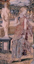 Tapiz flamenco. Serie Vertumnus y Pomona. Vertumnus transformado en segador (Vertumno transformado en segador). Primer tapiz de la serie. Círculo modelo de Pieter Coeck van Aelst. ; Fabricación Wilhelm Pannemaker, Bruselas. Ca 1545-1550. Tela