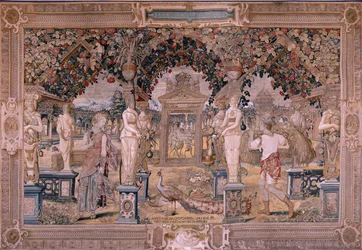 Tapiz flamenco. Serie Vertumnus y Pomona. Vertumnus transformado en segador (Vertumno transformado en segador). Primer tapiz de la serie. Círculo modelo de Pieter Coeck van Aelst. ; Fabricación Wilhelm Pannemaker, Bruselas. Ca 1545-1550. Tela