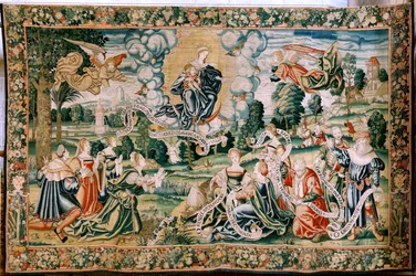 Tapiz flamenco. Serie el Granizo. Ad te clamamus. Segundo tapiz de la serie. Fabricación en los talleres de Bruselas, una posible fabricación de Marc Crétif. Ca 1528. Medidas 429 x 646 cm. Tela Seda y lana. Ubicación Catedral de Palencia. Origen Un legado 